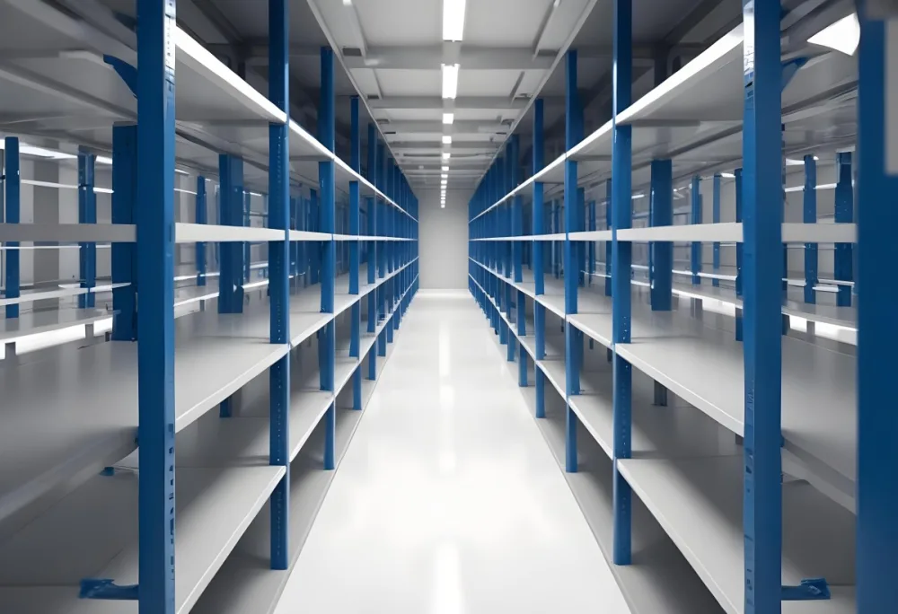 A Long Aisle With White Metal Shelves On Both Sides White Floor And A White Ceiling With Lights 12 76f0
