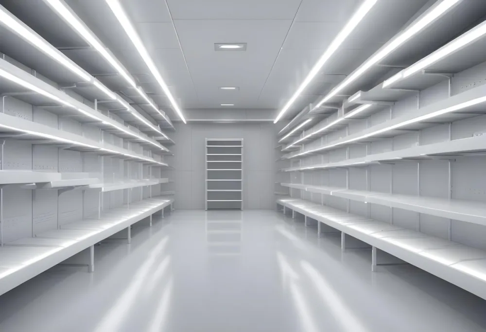 A Long Aisle With White Metal Shelves On Both Sides White Floor And A White Ceiling With Lights 13 C8fe