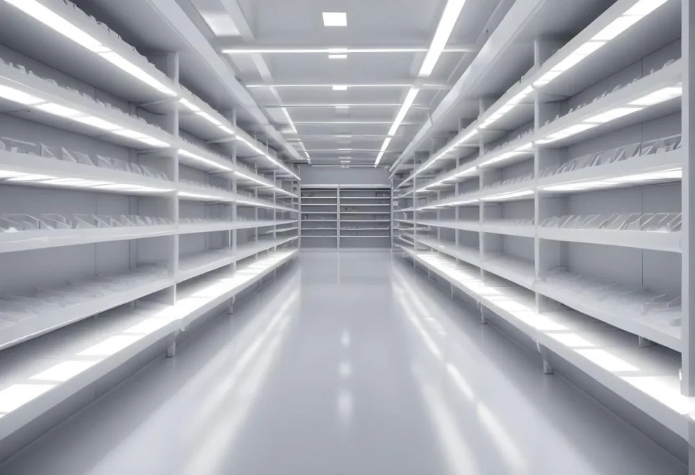 A Long Aisle With White Metal Shelves On Both Sides White Floor And A White Ceiling With Lights 17 0eb0