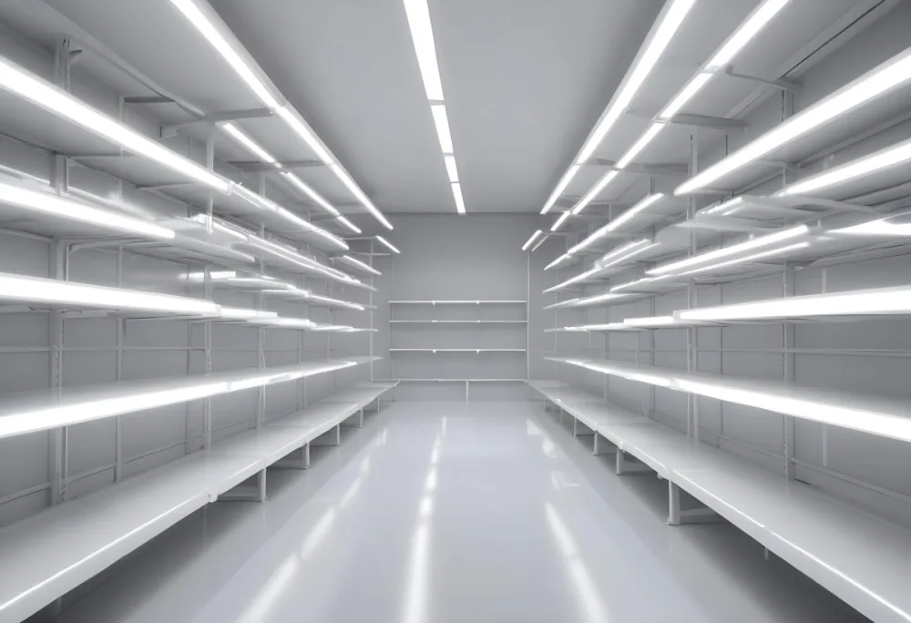 A Long Aisle With White Metal Shelves On Both Sides White Floor And A White Ceiling With Lights 26 6b17