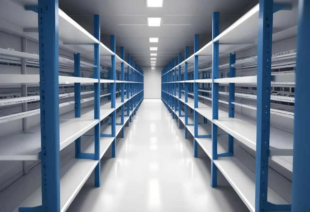 A Long Aisle With White Metal Shelves On Both Sides White Floor And A White Ceiling With Lights 27 05c2