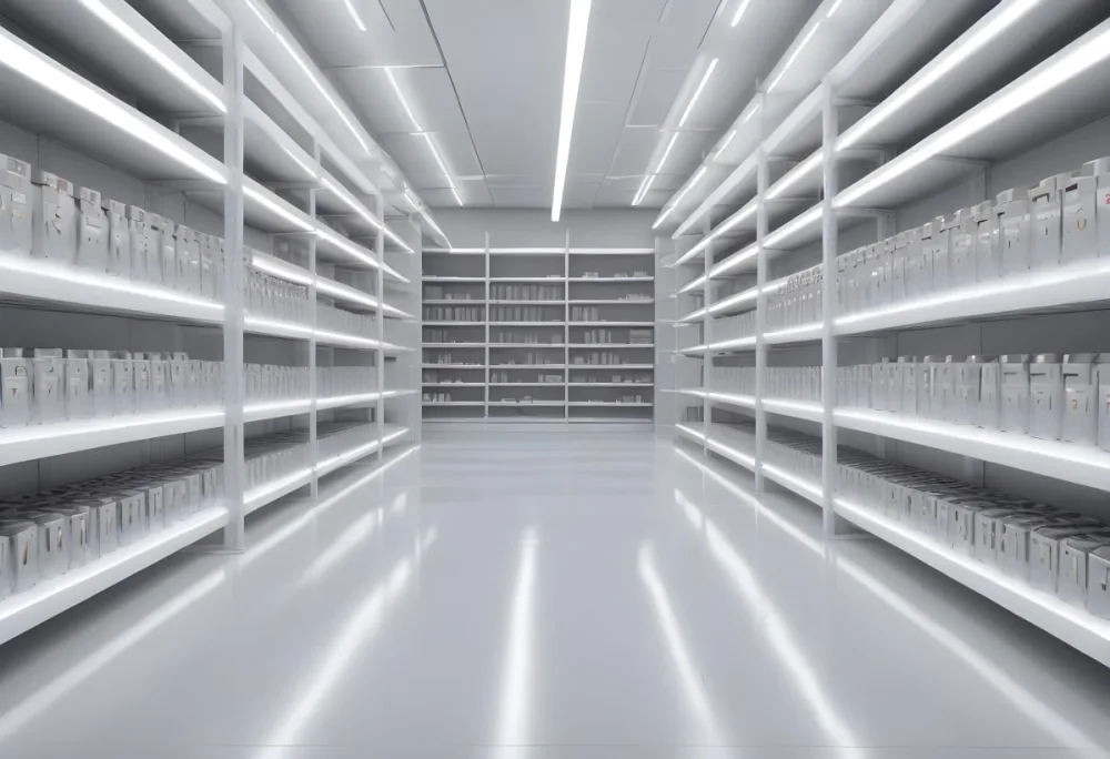 A Long Aisle With White Metal Shelves On Both Sides White Floor And A White Ceiling With Lights 29 78a8