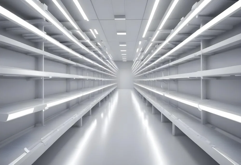 A Long Aisle With White Metal Shelves On Both Sides White Floor And A White Ceiling With Lights 3 0642