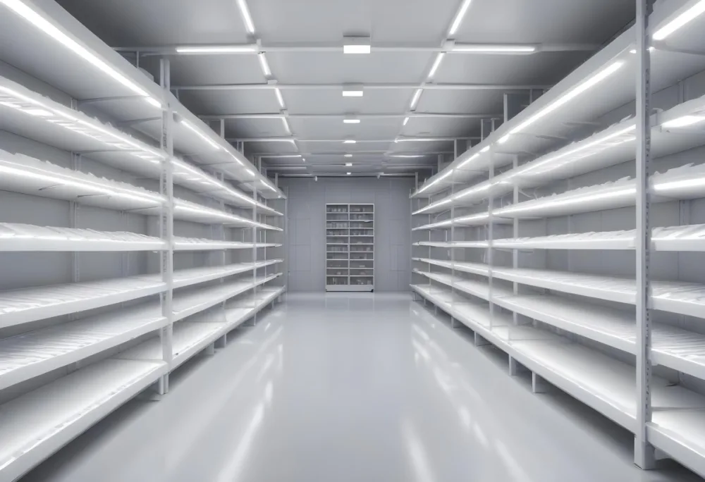 A Long Aisle With White Metal Shelves On Both Sides White Floor And A White Ceiling With Lights 30 B384