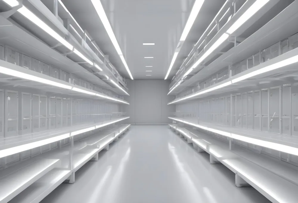 A Long Aisle With White Metal Shelves On Both Sides White Floor And A White Ceiling With Lights 31 A1f2