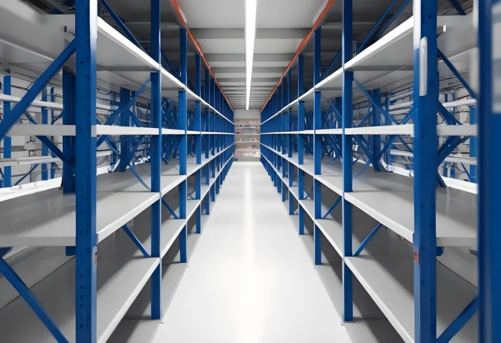 A Long Aisle With White Metal Shelves On Both Sides White Floor And A White Ceiling With Lights 33 4965