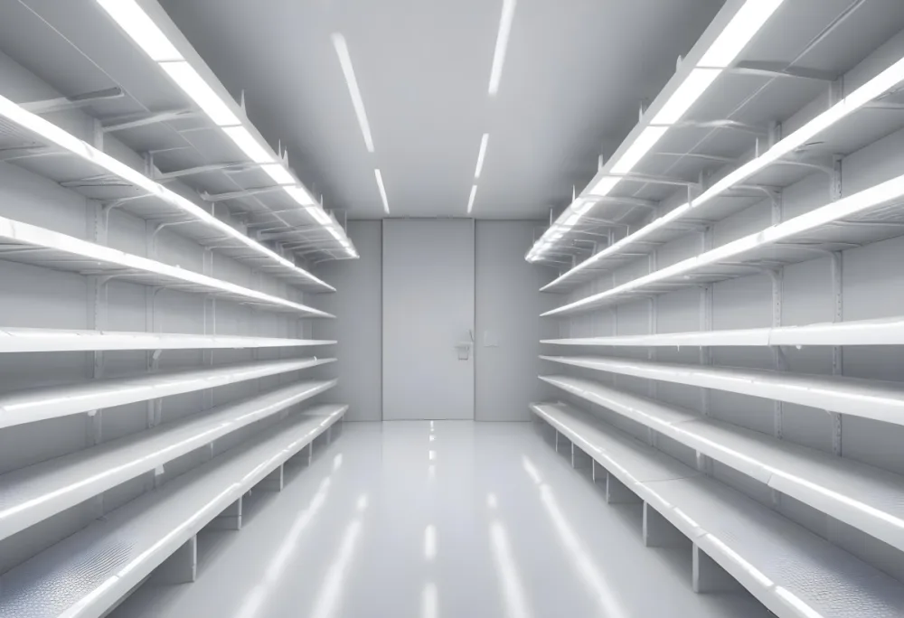 A Long Aisle With White Metal Shelves On Both Sides White Floor And A White Ceiling With Lights 34 Fa67