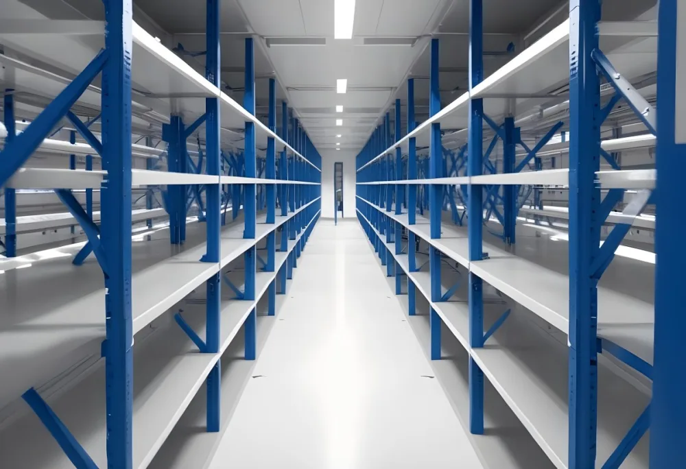 A Long Aisle With White Metal Shelves On Both Sides White Floor And A White Ceiling With Lights 4 0770