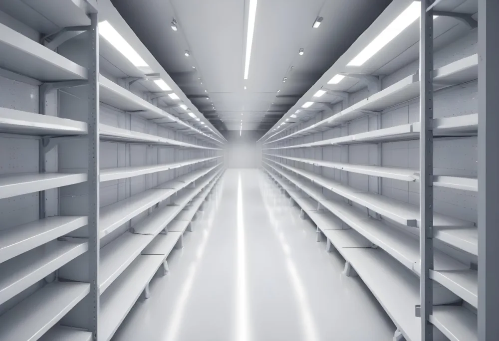 A Long Aisle With White Metal Shelves On Both Sides White Floor And A White Ceiling With Lights 5 27d6