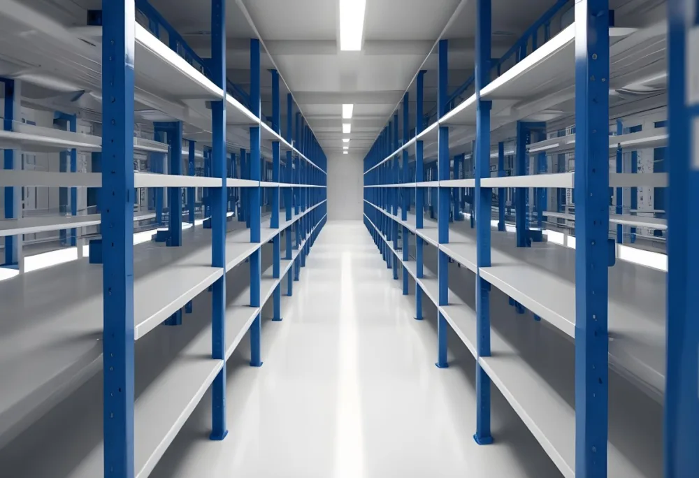 A Long Aisle With White Metal Shelves On Both Sides White Floor And A White Ceiling With Lights 6 Eb1f