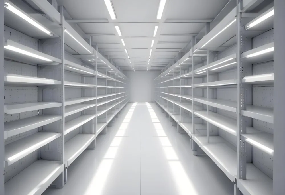 A Long Aisle With White Metal Shelves On Both Sides White Floor And A White Ceiling With Lights 7 E27c