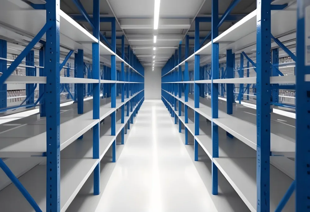 A Long Aisle With White Metal Shelves On Both Sides White Floor And A White Ceiling With Lights 8 46b5