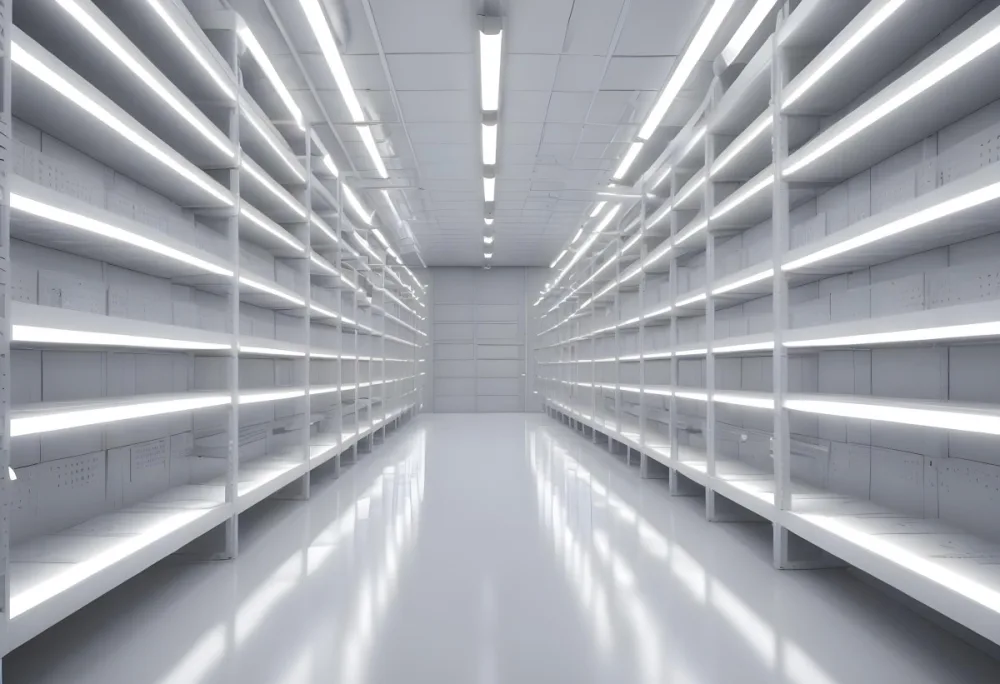 A Long Aisle With White Metal Shelves On Both Sides White Floor And A White Ceiling With Lights 9 506b