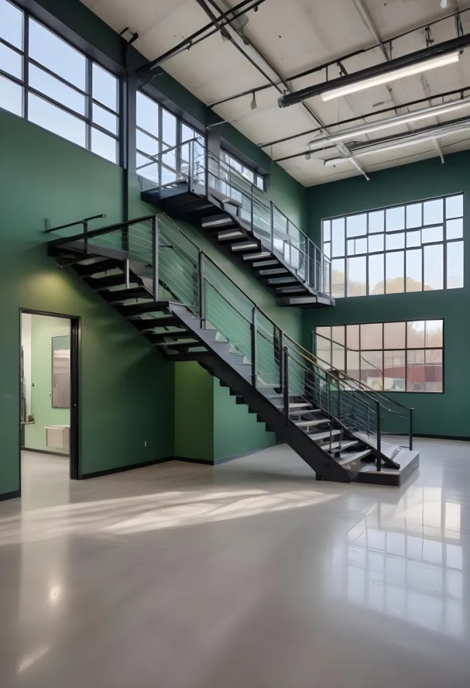 A Modern Industrial Building Interior With A Staircase Large Windows And A Green Accent Wall 11 192d