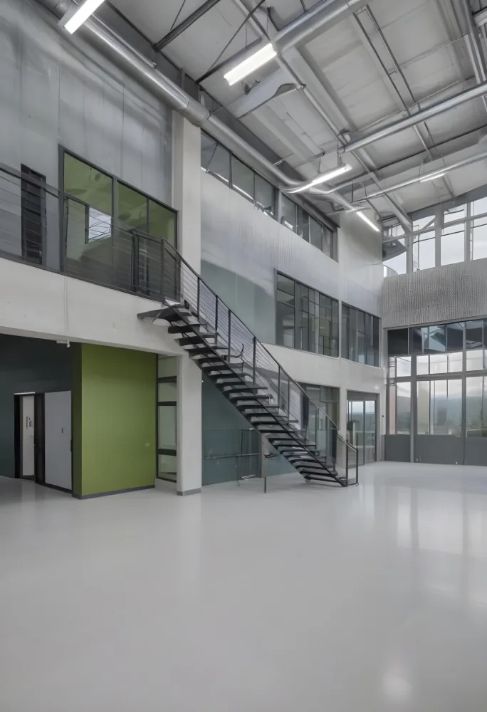 A Modern Industrial Building Interior With A Staircase Large Windows And A Green Accent Wall 12 A667