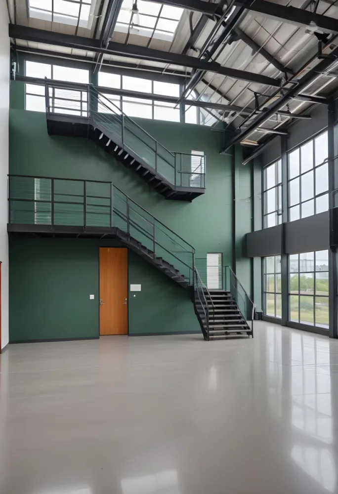 A Modern Industrial Building Interior With A Staircase Large Windows And A Green Accent Wall 2 123a