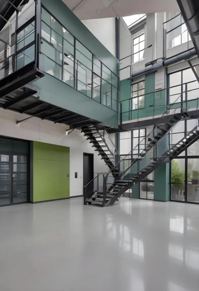 A Modern Industrial Building Interior With A Staircase Large Windows And A Green Accent Wall 3 9455