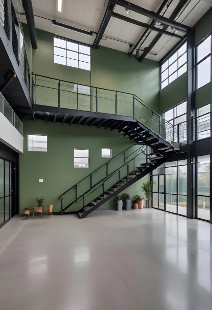 A Modern Industrial Building Interior With A Staircase Large Windows And A Green Accent Wall 4 4d4f