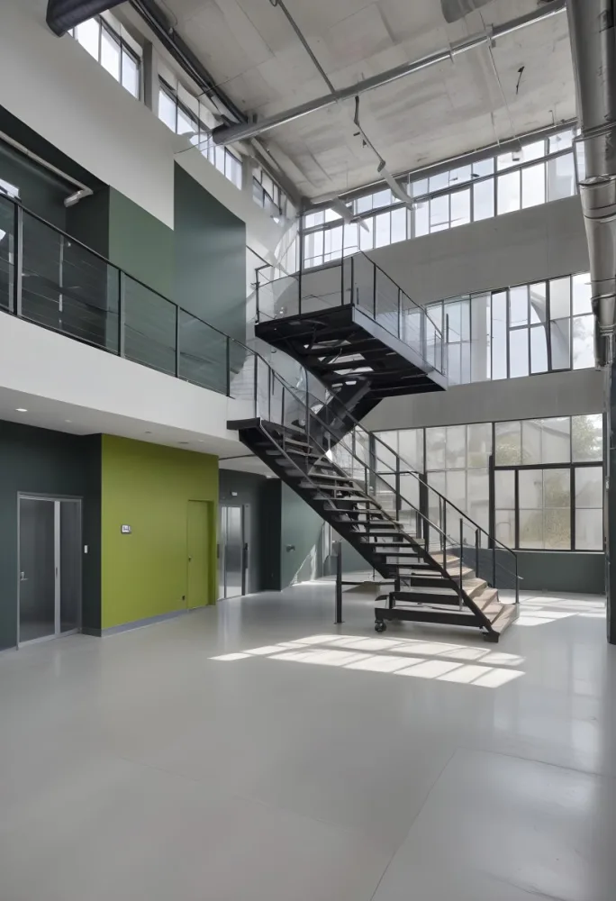 A Modern Industrial Building Interior With A Staircase Large Windows And A Green Accent Wall 5 0f3a