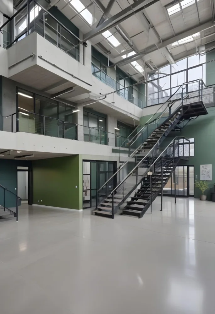 A Modern Industrial Building Interior With A Staircase Large Windows And A Green Accent Wall 6 Fc30