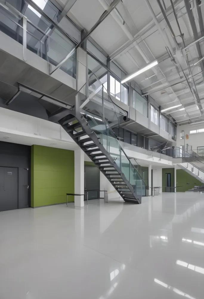 A Modern Industrial Building Interior With A Staircase Large Windows And A Green Accent Wall 7 2284