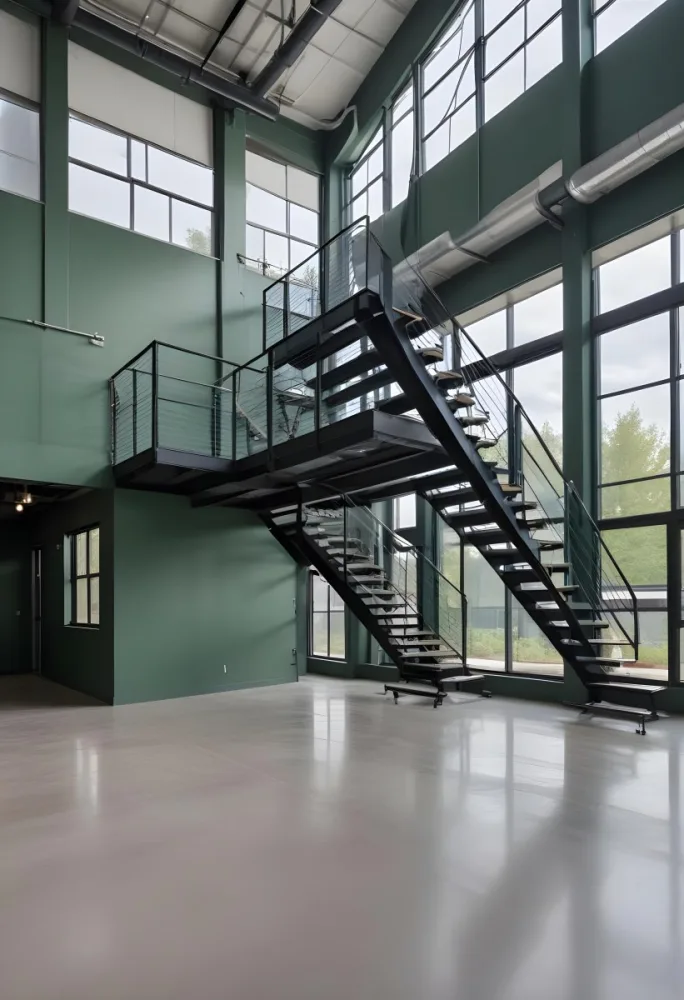 A Modern Industrial Building Interior With A Staircase Large Windows And A Green Accent Wall 8 61c4