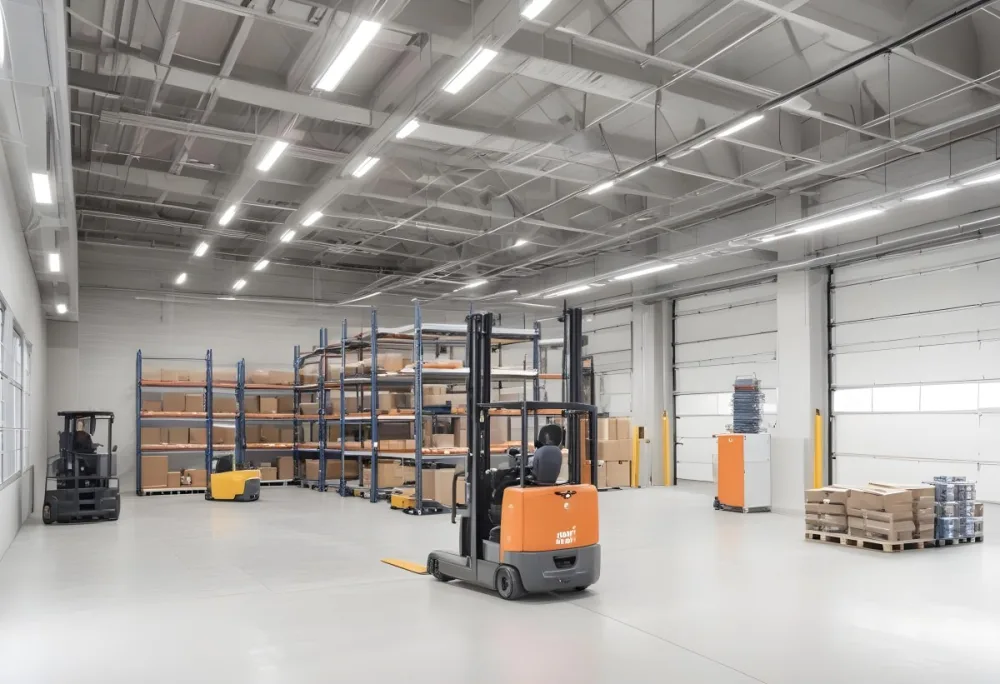 A Modern Warehouse Interior With Industrial Shelving Forklifts And Overhead Lighting 1 691f