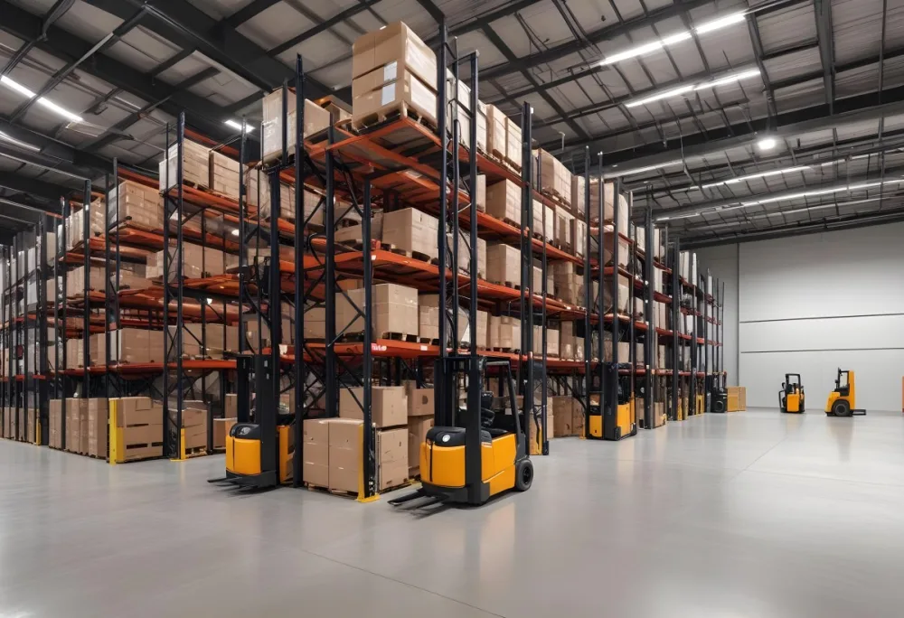A Modern Warehouse Interior With Industrial Shelving Forklifts And Overhead Lighting 10 47a1