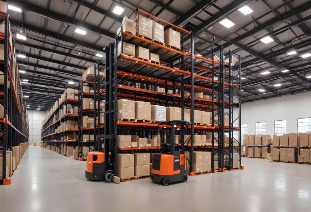 A Modern Warehouse Interior With Industrial Shelving Forklifts And Overhead Lighting 12 8ad5