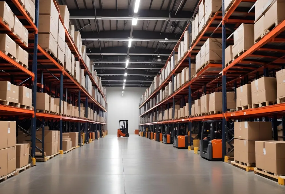 A Modern Warehouse Interior With Industrial Shelving Forklifts And Overhead Lighting 13 F42a