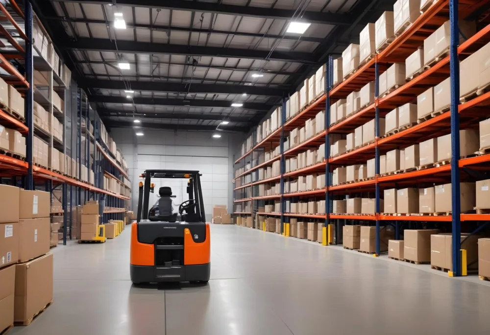 A Modern Warehouse Interior With Industrial Shelving Forklifts And Overhead Lighting 14 0c63
