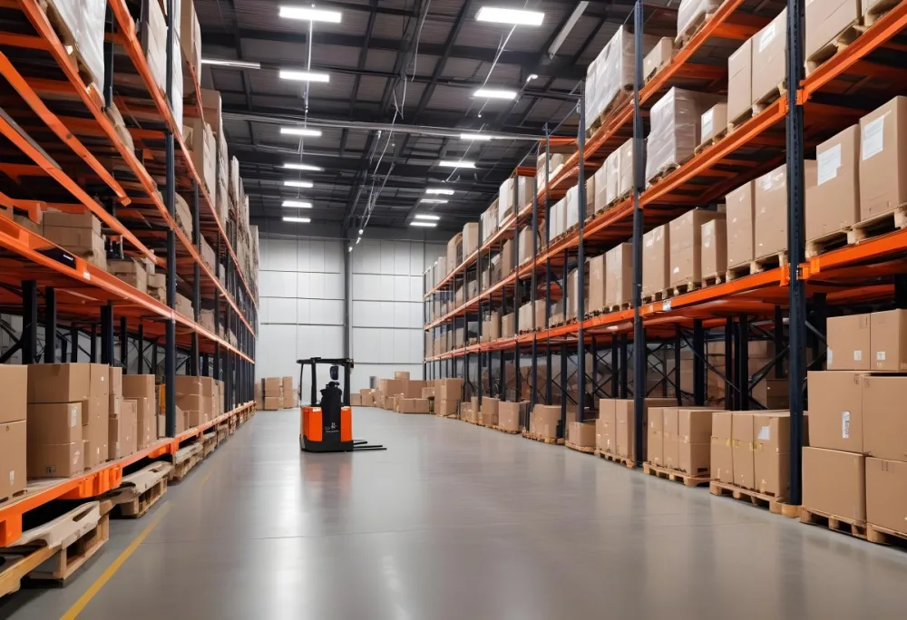 A Modern Warehouse Interior With Industrial Shelving Forklifts And Overhead Lighting 16 0e53