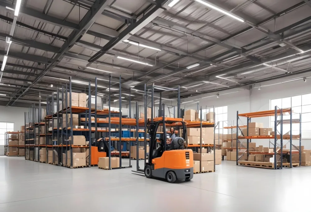 A Modern Warehouse Interior With Industrial Shelving Forklifts And Overhead Lighting 18 8276