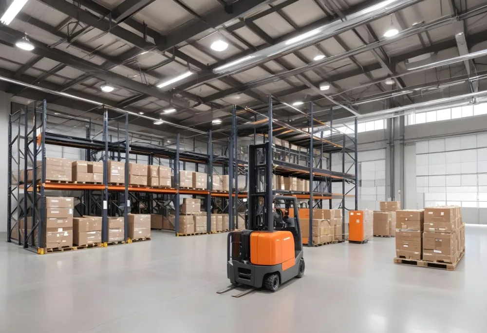 A Modern Warehouse Interior With Industrial Shelving Forklifts And Overhead Lighting 19 18c8