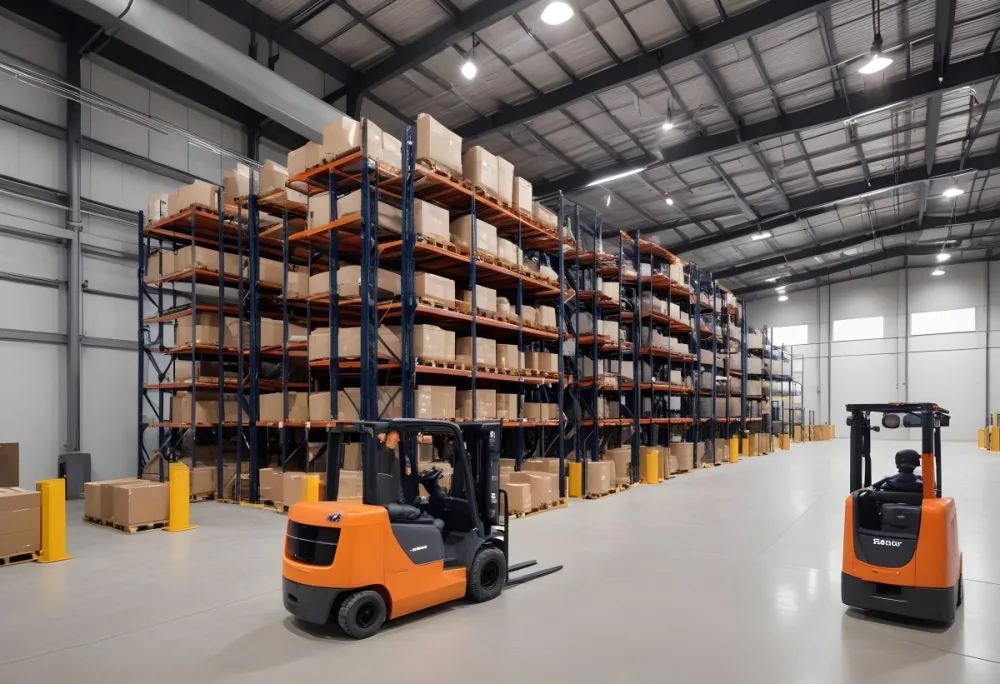A Modern Warehouse Interior With Industrial Shelving Forklifts And Overhead Lighting 2 E308