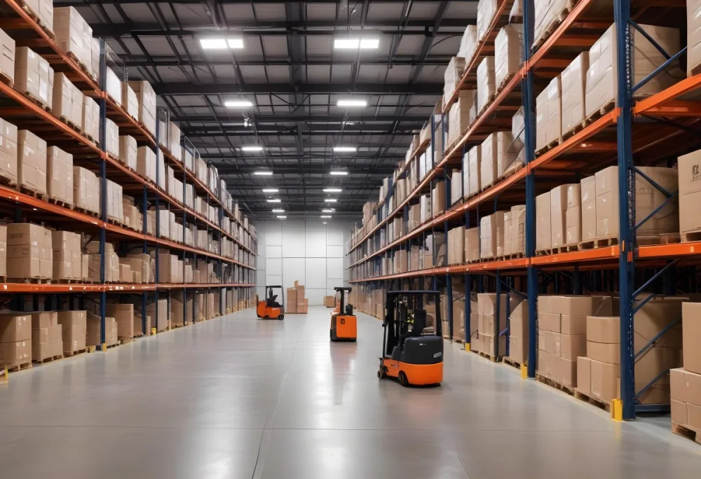 A Modern Warehouse Interior With Industrial Shelving Forklifts And Overhead Lighting 3 5d64