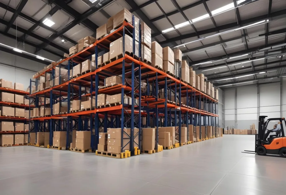 A Modern Warehouse Interior With Industrial Shelving Forklifts And Overhead Lighting 4 F289