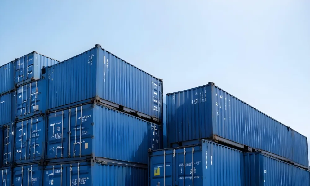 A Stack Of Blue Shipping Containers Arranged In A Staggered Formation Against A Clear Blue Sky Creating A Sense Of Industrial Scale And Logistical Complexity 12 B8b5