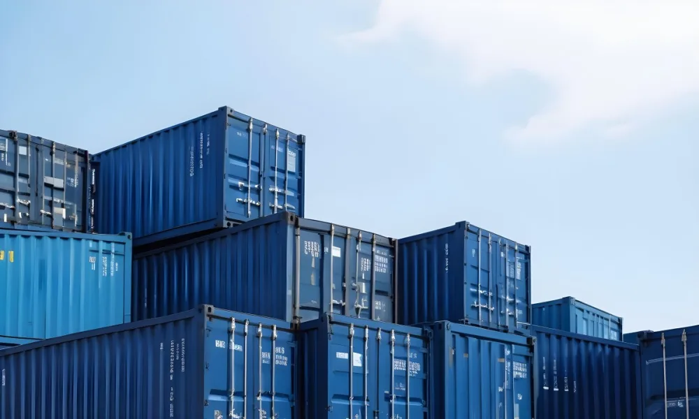 A Stack Of Blue Shipping Containers Arranged In A Staggered Formation Against A Clear Blue Sky Creating A Sense Of Industrial Scale And Logistical Complexity 16 2cd0