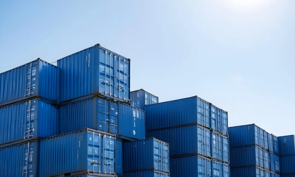 A Stack Of Blue Shipping Containers Arranged In A Staggered Formation Against A Clear Blue Sky Creating A Sense Of Industrial Scale And Logistical Complexity 2 2c1e