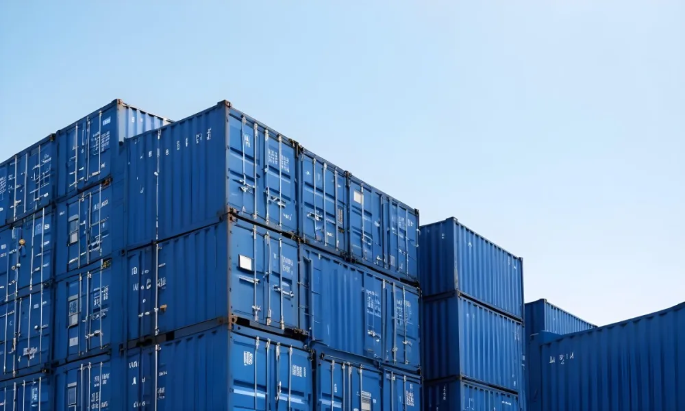 A Stack Of Blue Shipping Containers Arranged In A Staggered Formation Against A Clear Blue Sky Creating A Sense Of Industrial Scale And Logistical Complexity 21 8b1e