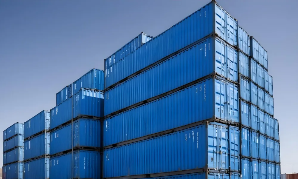 A Stack Of Blue Shipping Containers Arranged In A Staggered Formation Against A Clear Blue Sky Creating A Sense Of Industrial Scale And Logistical Complexity 22 Ee42