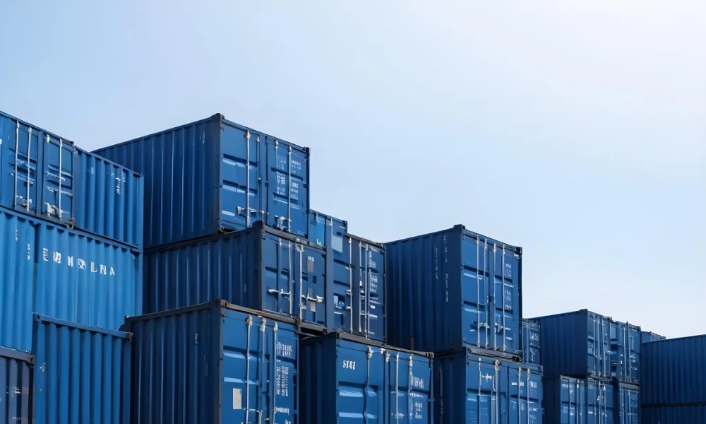 A Stack Of Blue Shipping Containers Arranged In A Staggered Formation Against A Clear Blue Sky Creating A Sense Of Industrial Scale And Logistical Complexity 23 3424
