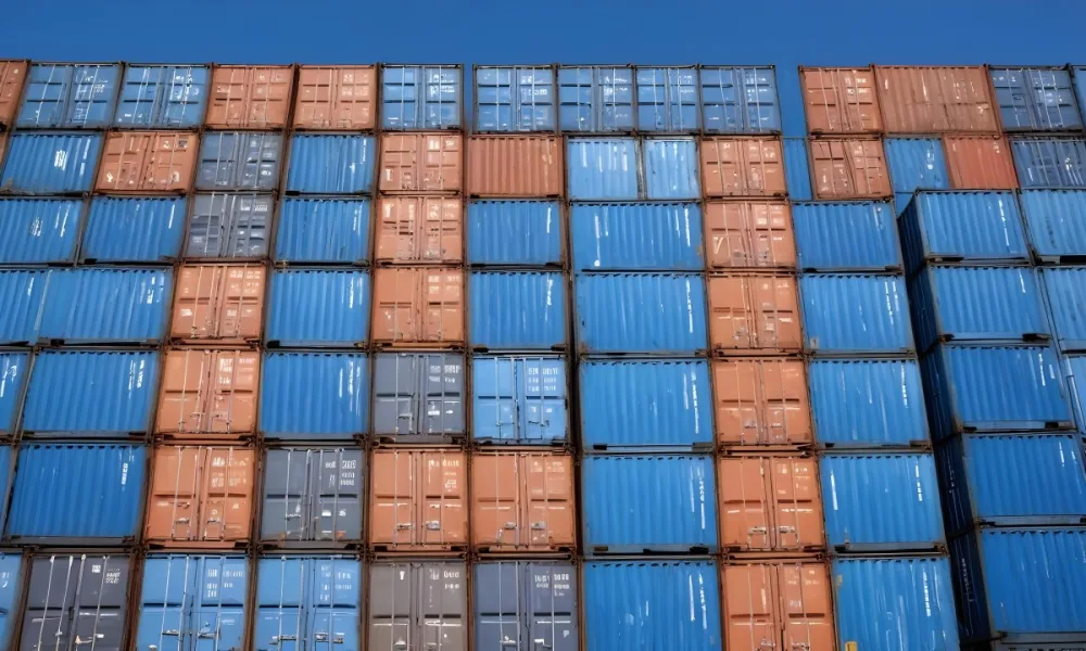 A Stack Of Blue Shipping Containers Arranged In A Staggered Formation Against A Clear Blue Sky Creating A Sense Of Industrial Scale And Logistical Complexity 25 Bdac