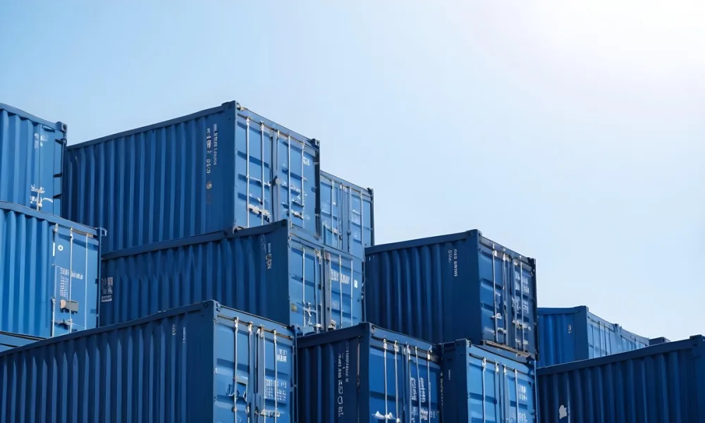 A Stack Of Blue Shipping Containers Arranged In A Staggered Formation Against A Clear Blue Sky Creating A Sense Of Industrial Scale And Logistical Complexity 4 Fcda