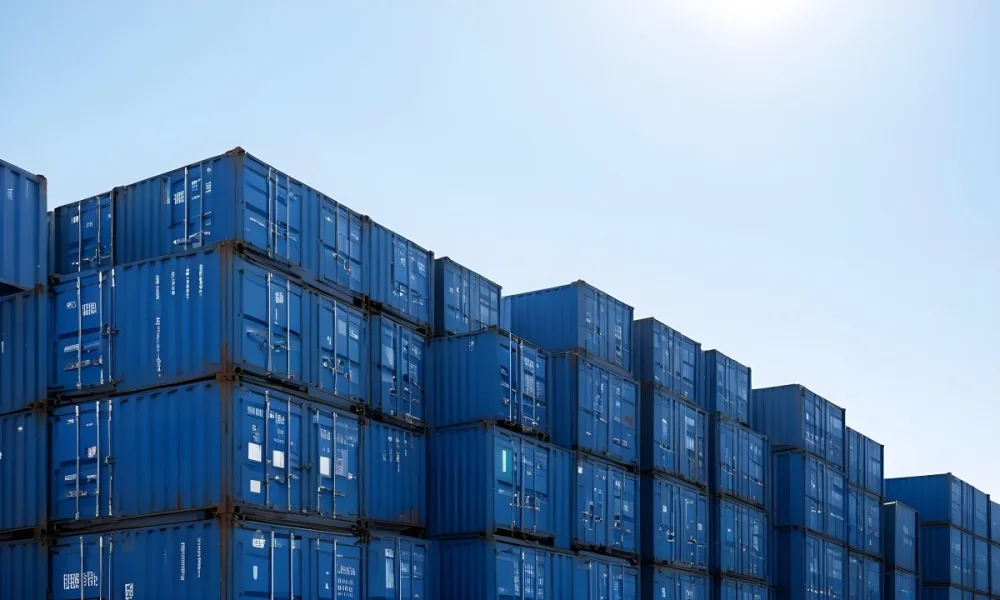 A Stack Of Blue Shipping Containers Arranged In A Staggered Formation Against A Clear Blue Sky Creating A Sense Of Industrial Scale And Logistical Complexity 6 Dbad