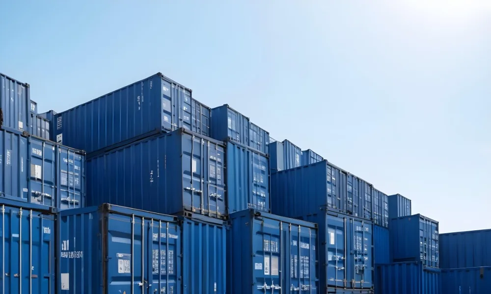A Stack Of Blue Shipping Containers Arranged In A Staggered Formation Against A Clear Blue Sky Creating A Sense Of Industrial Scale And Logistical Complexity 7 9c5f