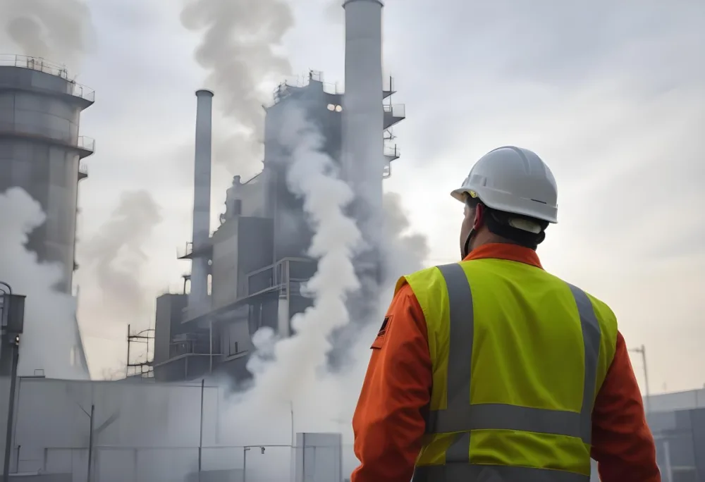 A White Man 40 Years Old With A White Helmet And White Uniform Looking At A Factory With Smoke Coming Out Of The Chimneys 10 0f9e
