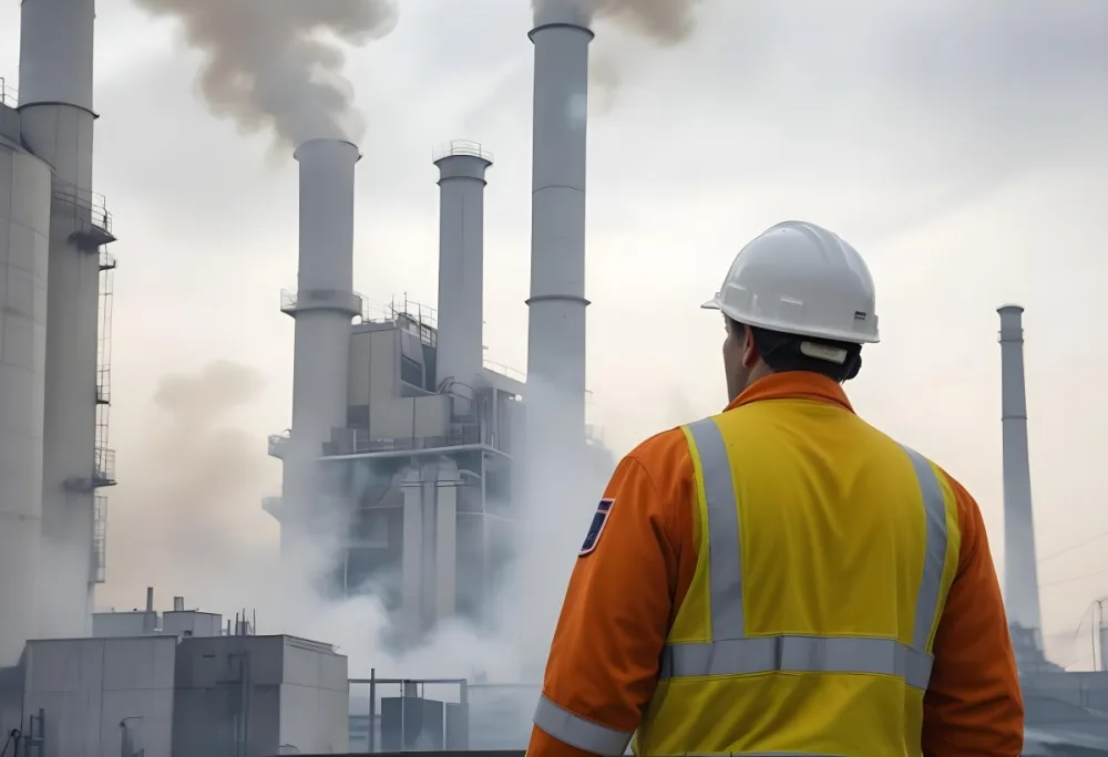A White Man 40 Years Old With A White Helmet And White Uniform Looking At A Factory With Smoke Coming Out Of The Chimneys 14 3c0d