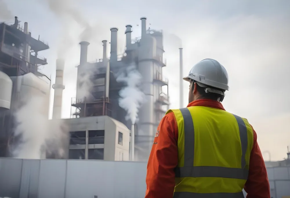 A White Man 40 Years Old With A White Helmet And White Uniform Looking At A Factory With Smoke Coming Out Of The Chimneys 15 C59f